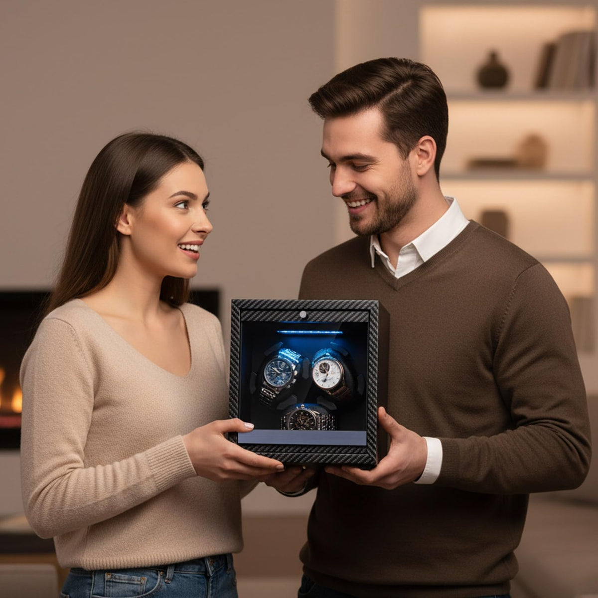 Mcbazel Enrollador de reloj para relojes automáticos, 4 modos de rotación con motor súper silencioso, luz LED azul, almohadas de espuma viscoelástica, regalo para hombres y mujeres [negro]
