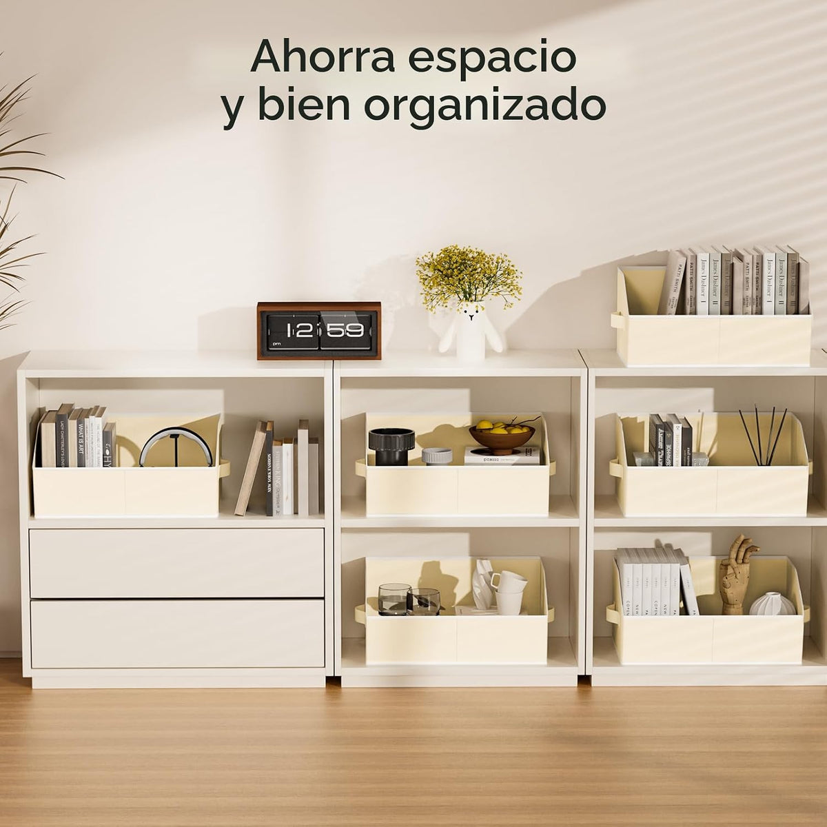 Organizadores grandes de armario y contenedores de almacenamiento, paquete de 8 cestas de almacenamiento trapezoidales para estantes, cestas de tela plegables con asas, ideales para armario, canasta, armario y almacenamiento de estantes, color beige