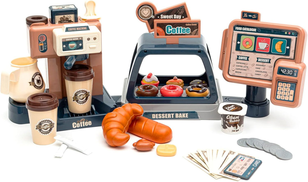 Jomifin Juego de juguetes de café, cafetera de simulación con registro de