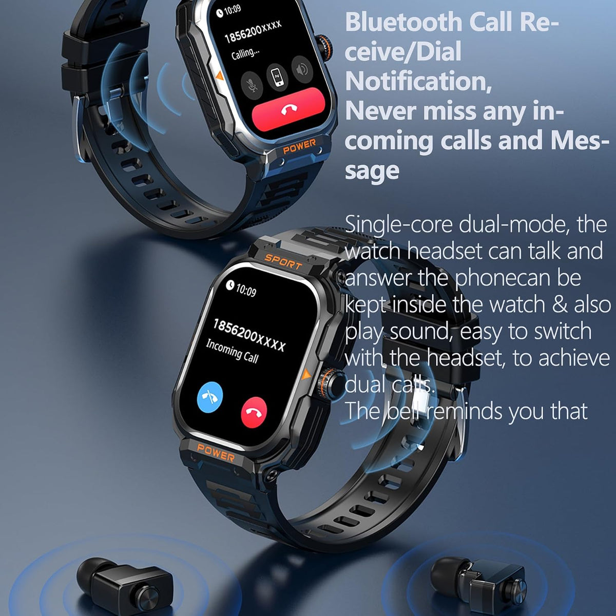 Reloj inteligente militar con auriculares para hombres y mujeres, pantalla táctica de 2 pulgadas, modos deportivos, rastreador de fitness, frecuencia cardíaca, responder/hacer llamadas, monitor de sueño, combo de auriculares integrado de reloj