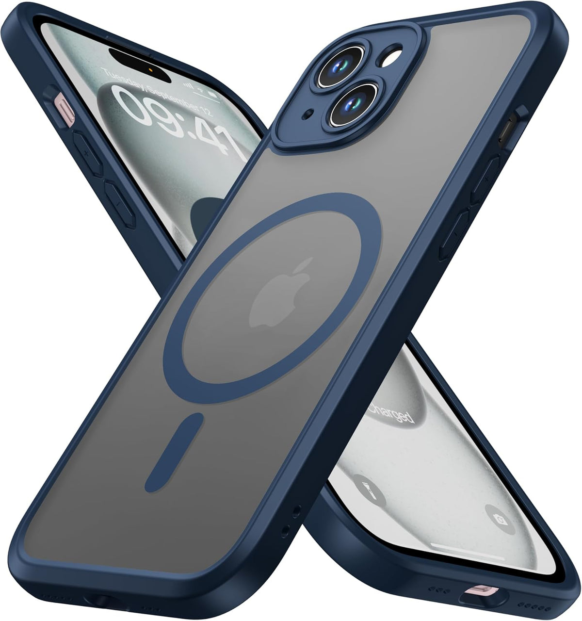 ImpactStrong Protector magnético diseñado para iPhone 15 [protección de cámara] [prueba de caídas de grado militar] [compatible con MagSafe] Funda delgada translúcida mate (6.1 pulgadas), azul marino