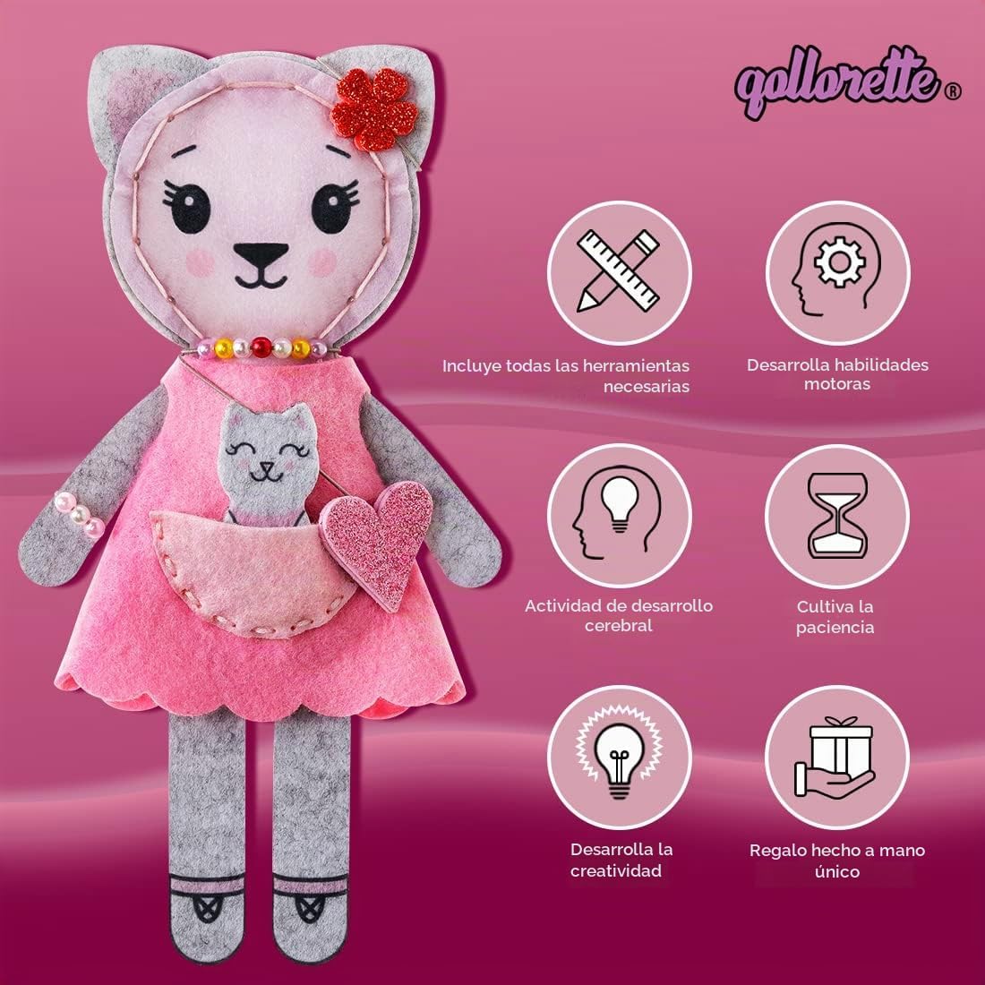 qollorette Kit de costura de fieltro para niños, haz tu propio juguete de gatito, kit de manualidades para niños - Kit de costura Haz un amigo - Kit de costura para principiantes para niños, aprende a