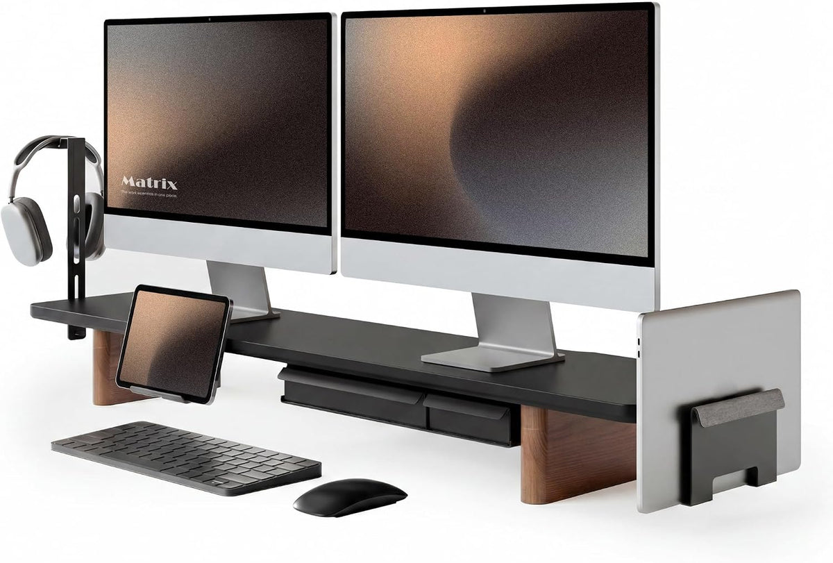 Fenge Soporte Modular Elevador para Doble Monitor con Pata de Madera de Fresno Macizo, 42.5" Negro