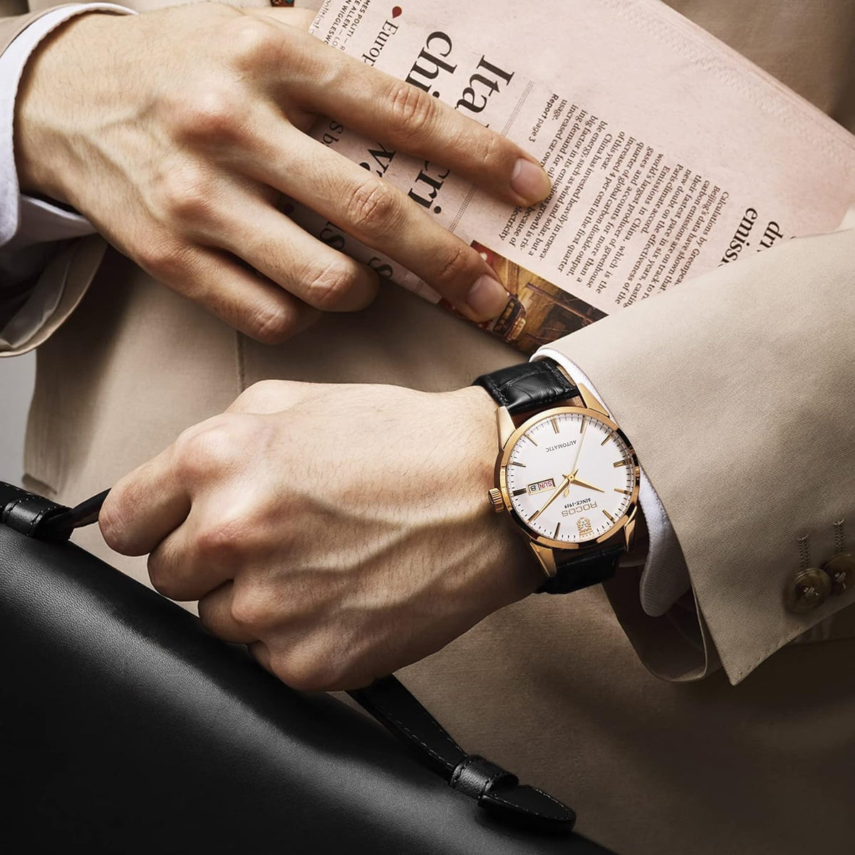 ROCOSJEWE R0101 Reloj Automático Mecánico para Hombre de Lujo Dorado Reloj Clásico Retro Correa de Cuero Marrón Impermeable Regalo para Hombre Moda Negocios