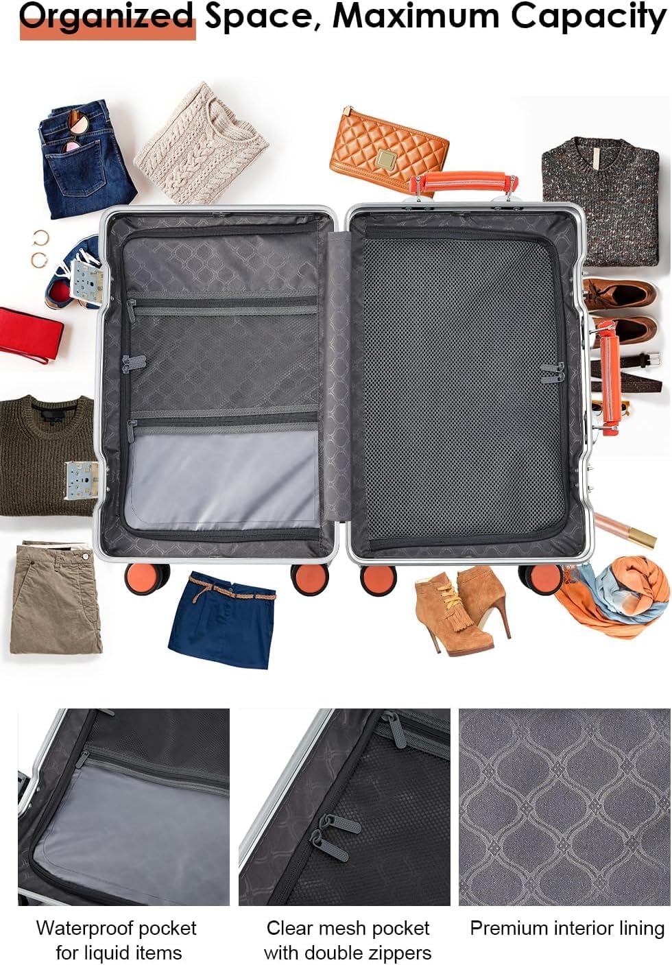 HotWay Equipaje de mano con mango de cuero, maleta sin cremallera de policarbonato con ruedas giratorias y cerraduras TSA, equipaje aprobado por aerolíneas de 22 x 14 x 9 para viajes, Gris, Equipaje
