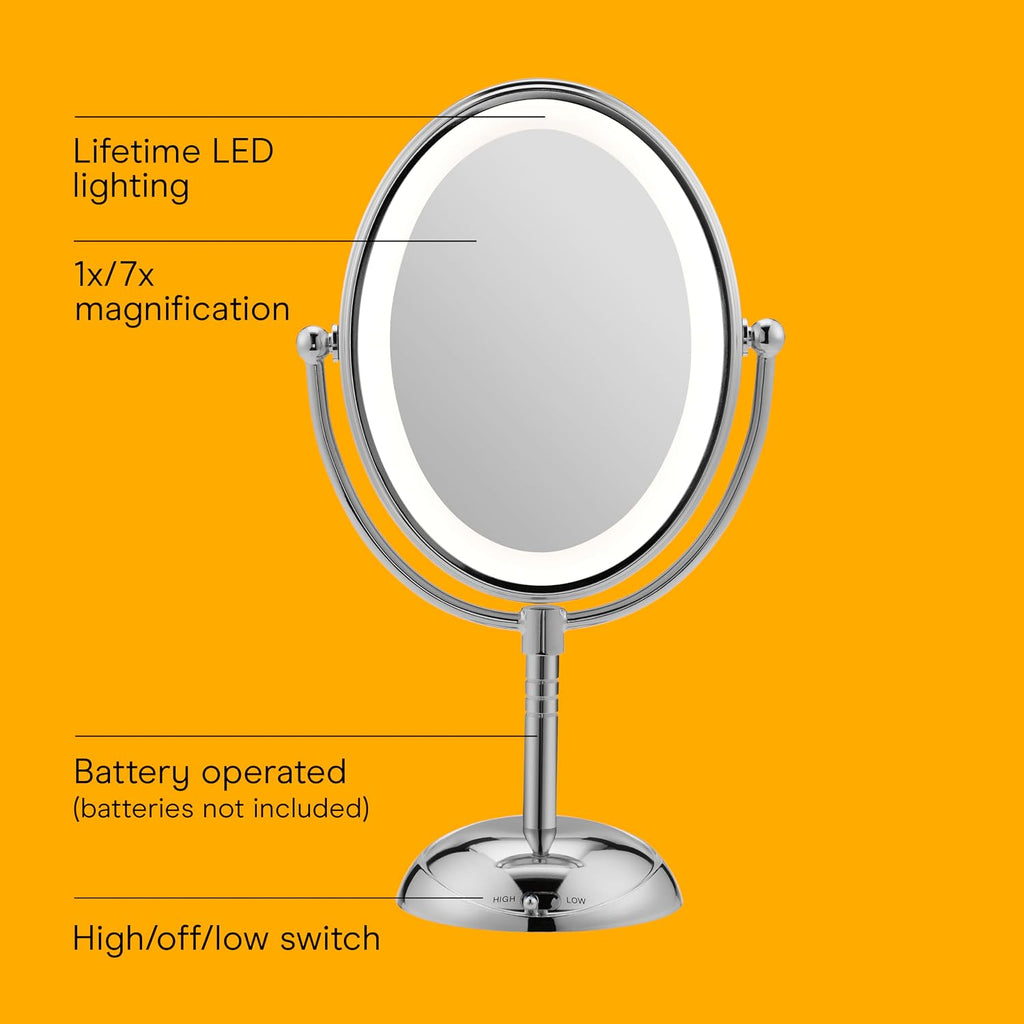 Espejo ovalado de aumento con luz LED de doble cara para maquillaje; 1 x/7 X ampliación; acabado de cromo pulido, de Conair