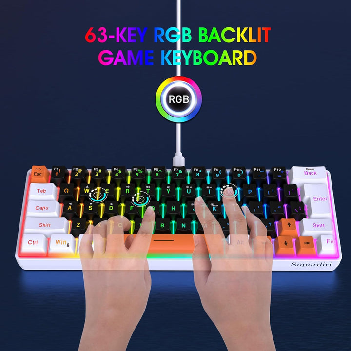 Snpurdiri 60 Percent Wired Gaming Keyboard, 63 Keys RGB Backlit Sma...