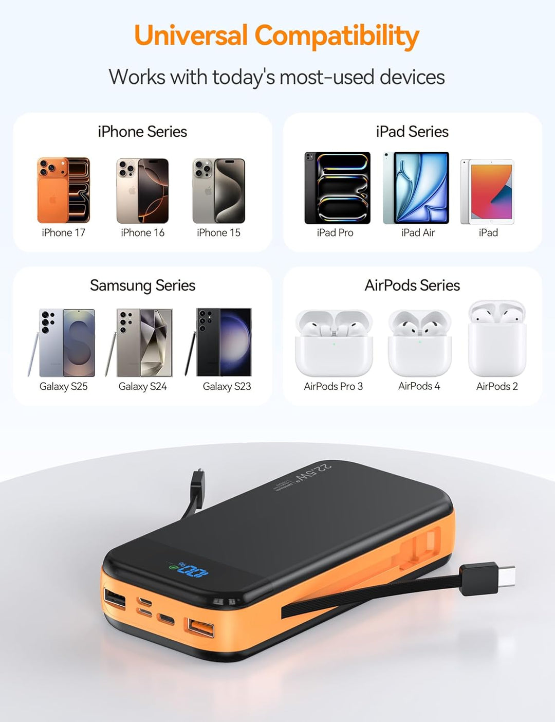 LENGSUM Cargador portátil de batería con cables integrados, 32000 m...