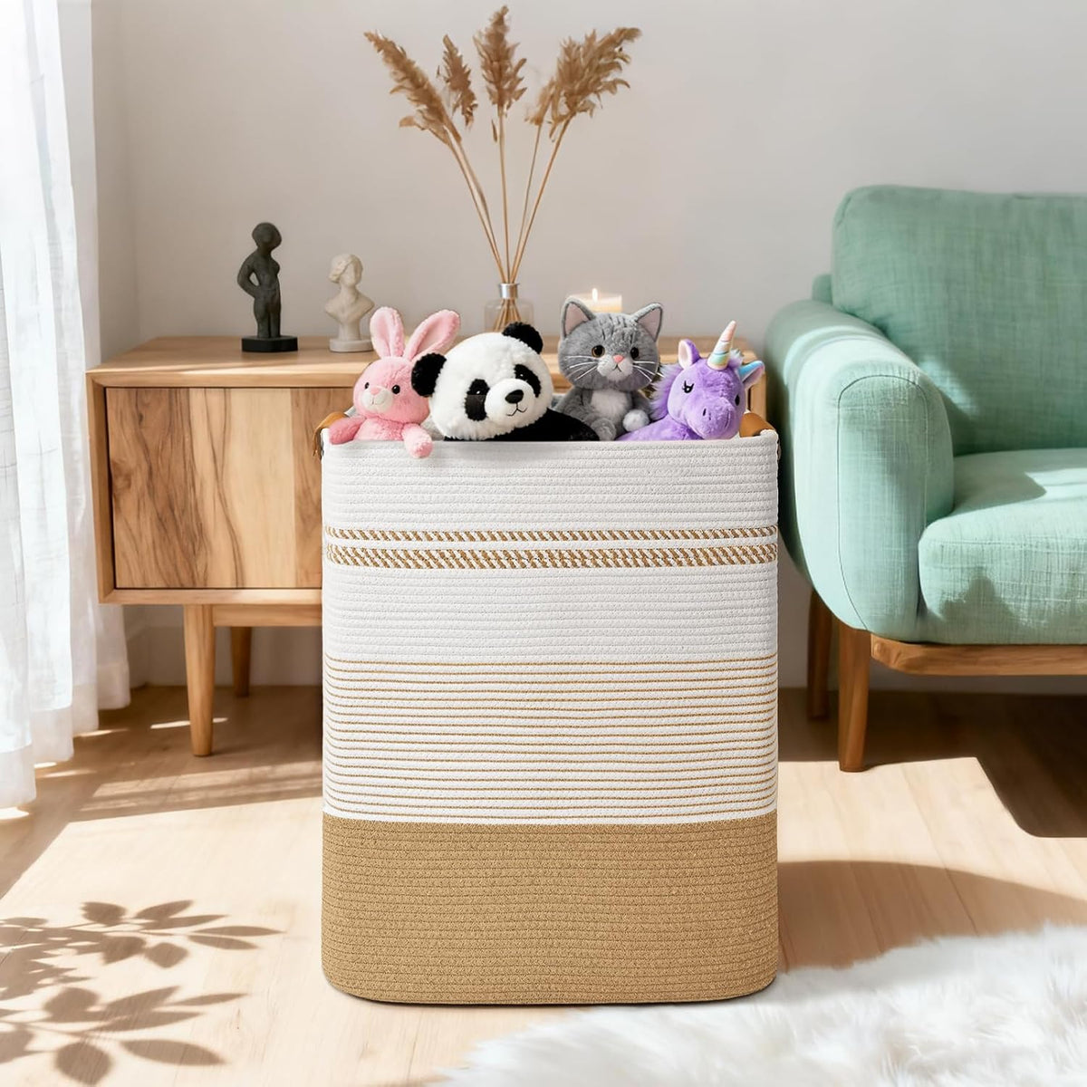 Cesta de lavandería de 85 litros de altura con asas de cuero, cesta de ropa rectangular grande para organizar, cestas de algodón tejido para lavandería, cestas de almacenamiento para