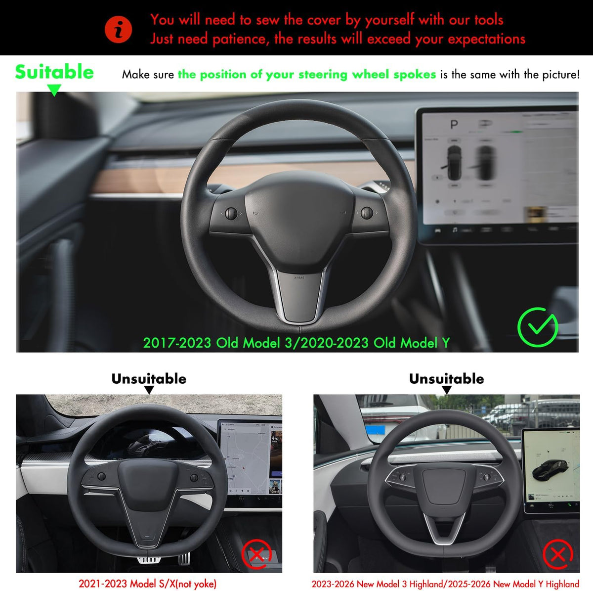 MEWANT Funda de volante de cuero blanco cosida a mano para Tesla Model 3 2017-2023 / Modelo Y 2020-2023 para Tesla Model 3/Y accesorios