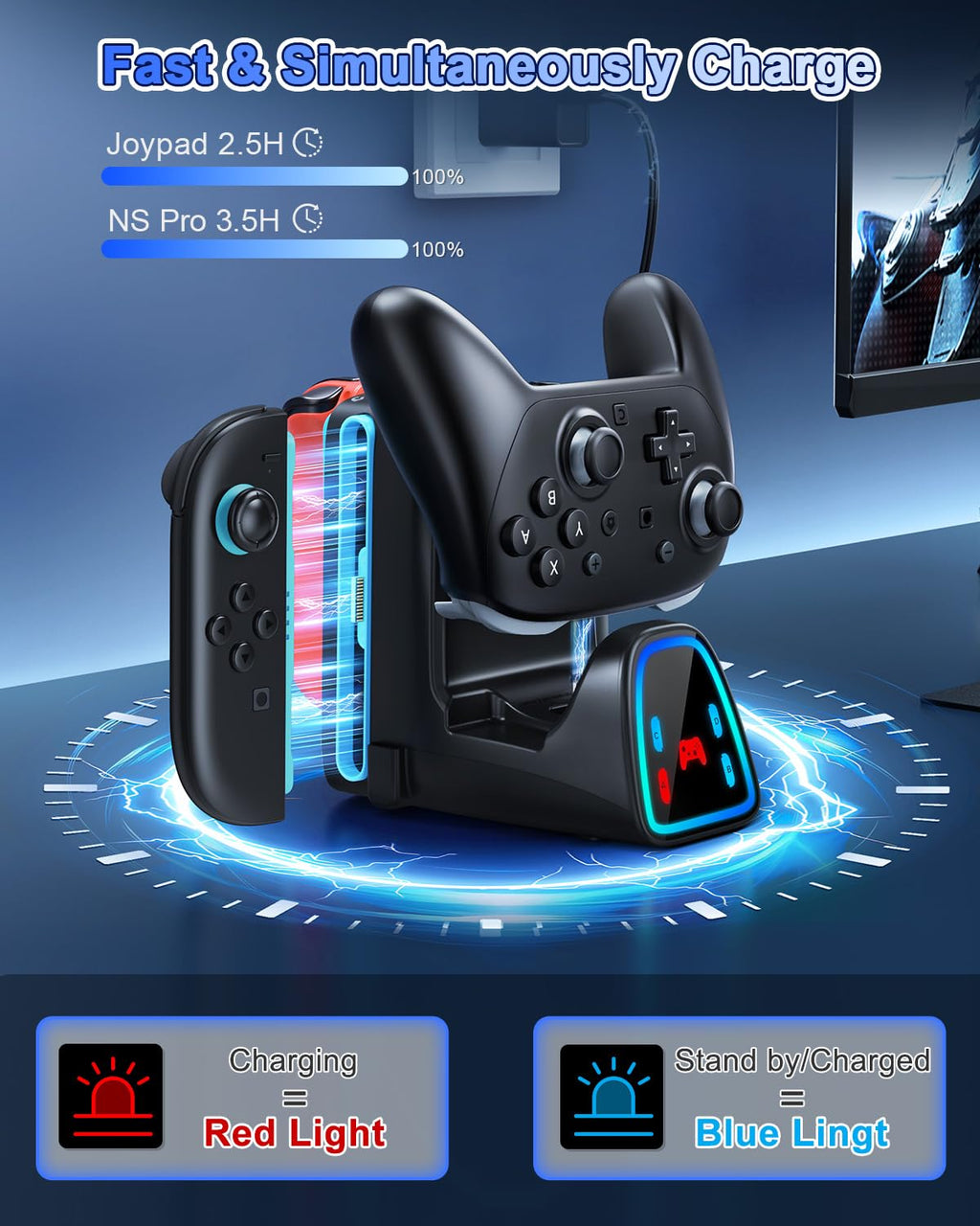 9 en 1 Controller carga Dock para Nintendo interruptor 2/interruptor 1/OLED Controller, Fast Charger Station para Joy Con 2&1 y Pro Controller 2&1, Charger Accessories con RGB Light