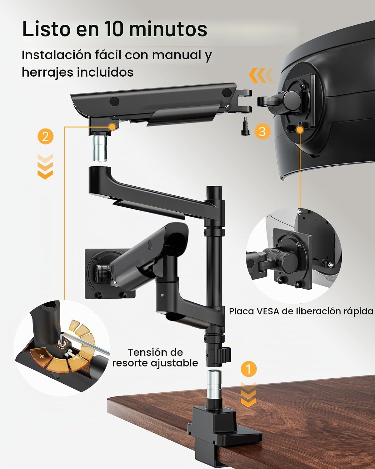 monTEK Brazo Dual Ultrawide para Monitores de 17-57" Pantallas, USB, Negro