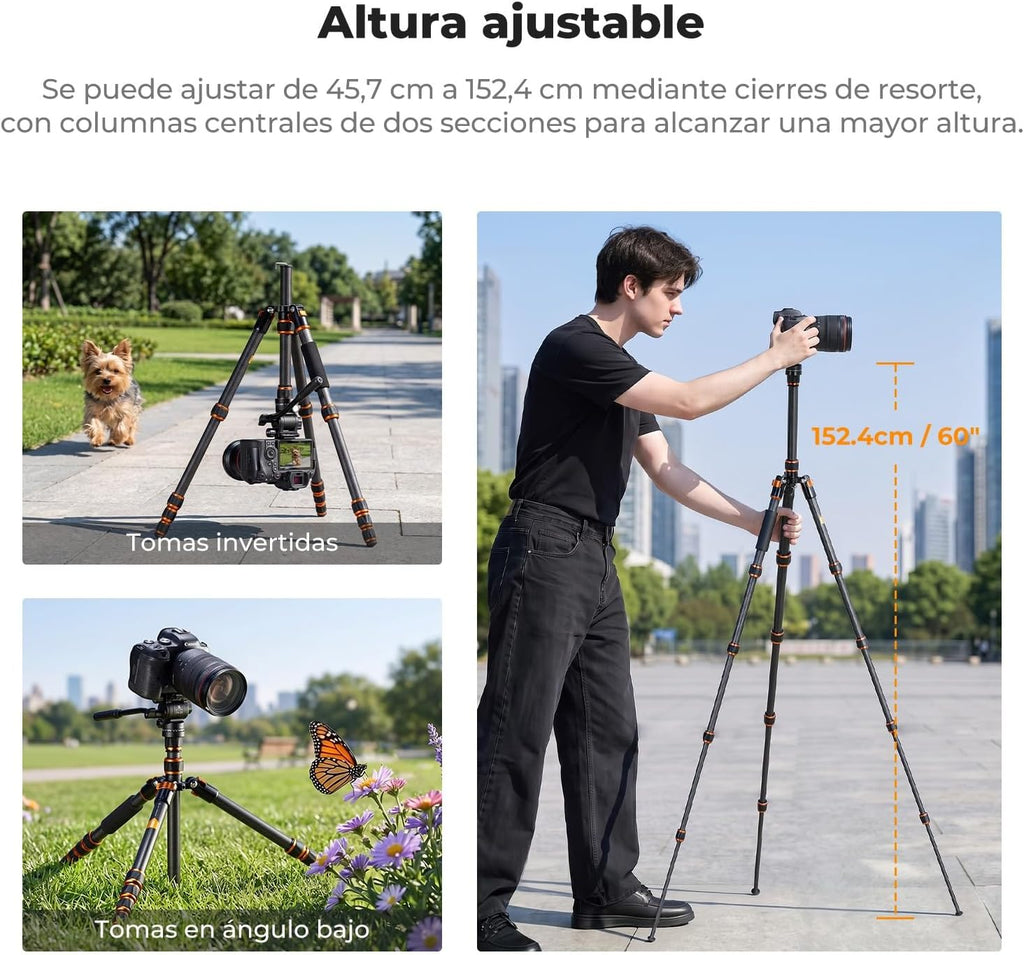 K&F CONCEPT Trípode de fibra de carbono de 60" con cabezal fluido