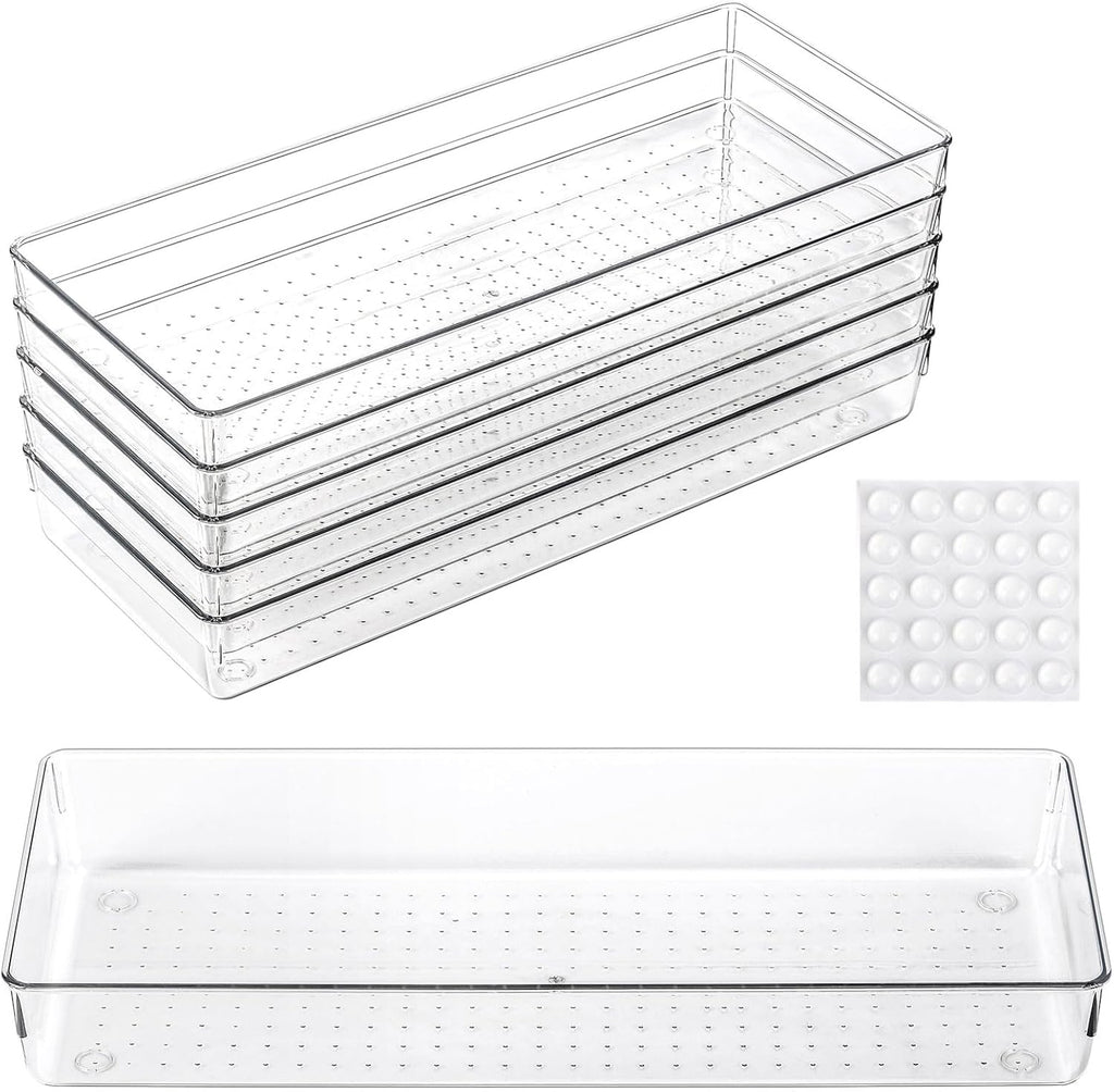 6 bandejas organizadoras grandes de plástico transparente de 15 x 6.3 pulgadas con 25 almohadillas antideslizantes para maquillaje, joyas, utensilios de cocina, baño y oficina
