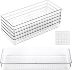 6 bandejas organizadoras grandes de plástico transparente de 15 x 6.3 pulgadas con 25 almohadillas antideslizantes para maquillaje, joyas, utensilios de cocina, baño y oficina