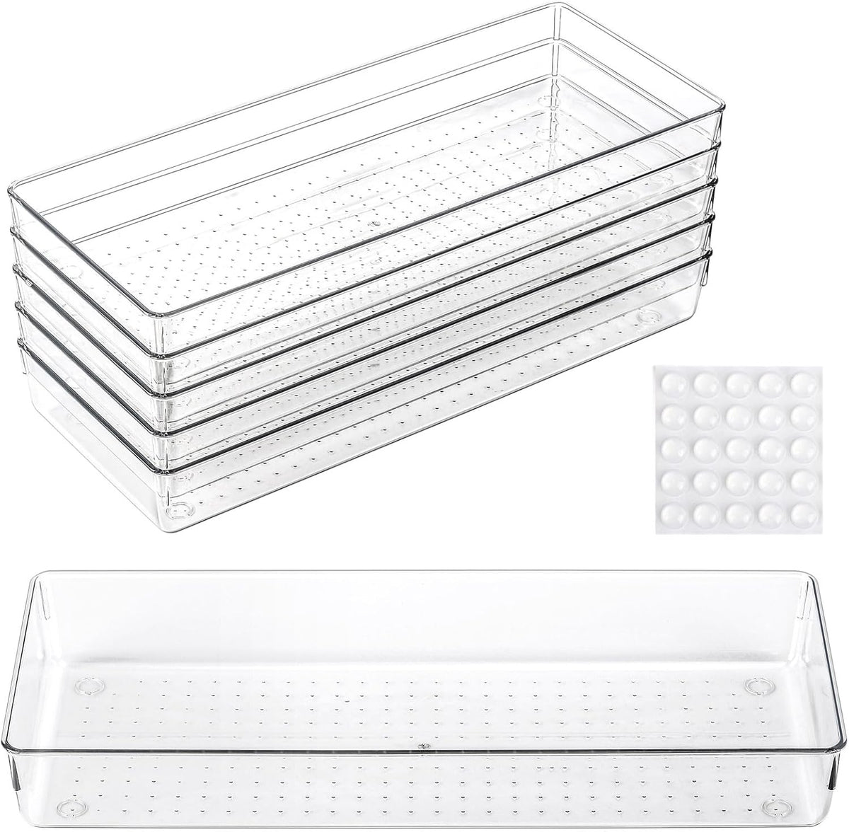 6 bandejas organizadoras grandes de plástico transparente de 15 x 6.3 pulgadas con 25 almohadillas antideslizantes para maquillaje, joyas, utensilios de cocina, baño y oficina