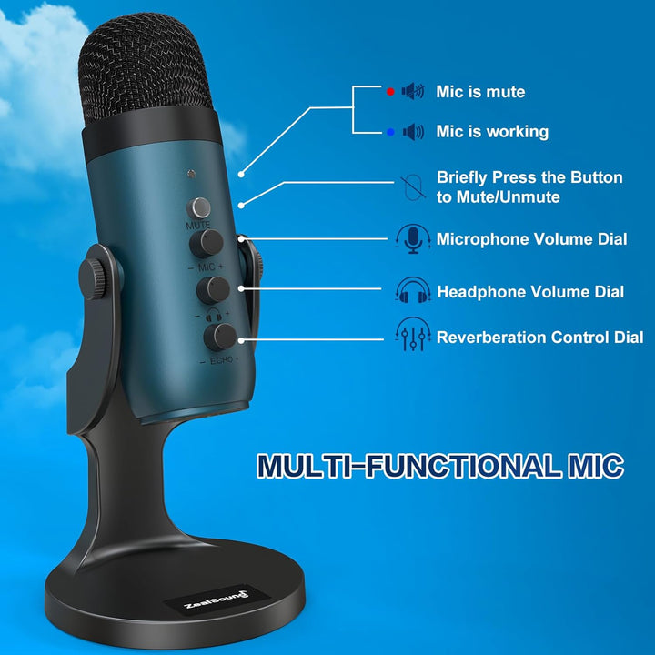 ZealSound Micrófono de podcast para PC, micrófono USB con cancelaci...