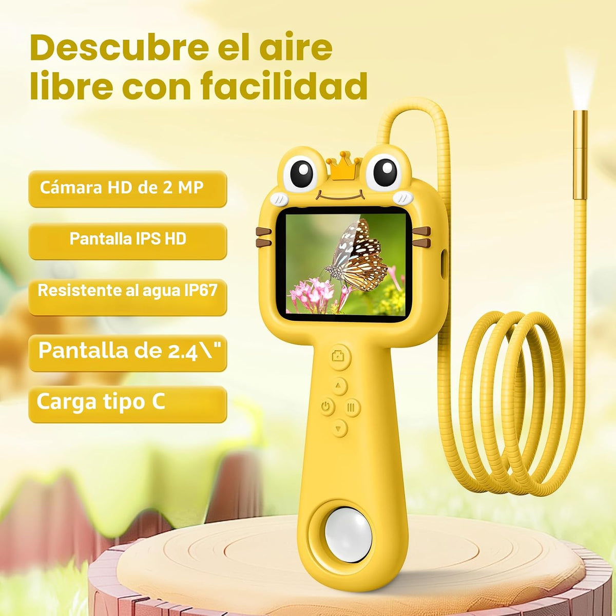 Cámara de boroscopio de juguete para niños, juguete educativo STEM Science al aire libre para niños de 4, 5, 6, 7, 8, 9, 10 años, regalo de cumpleaños, cámara infantil de 2.4 pulgadas para aventuras al aire libre y descubrimiento de la naturaleza (amarill