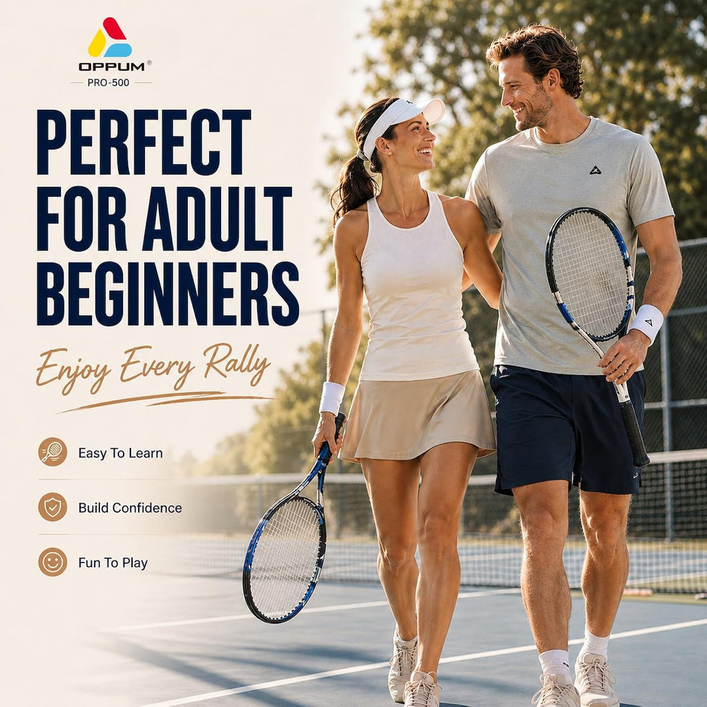 Raquetas de tenis OPPUM PRO-500 para adultos, paquete de 2 raquetas preencordadas para principiantes e intermedios con bolsa de transporte y 2 pelotas, cabeza sobredimensionada de 105 pulgadas