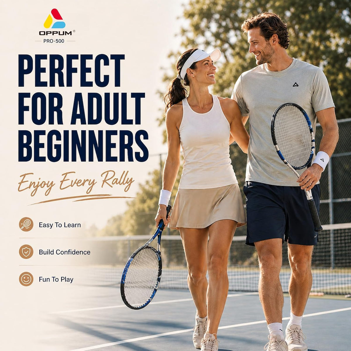 Raquetas de tenis OPPUM PRO-500 para adultos, paquete de 2 raquetas preencordadas para principiantes e intermedios con bolsa de transporte y 2 pelotas, cabeza sobredimensionada de 105 pulgadas