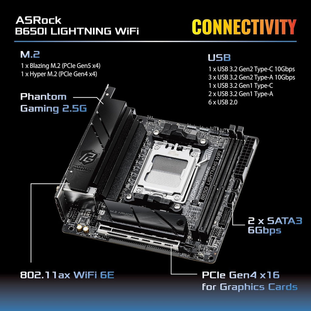 ASRock B650I Lightning WiFi AMD AM5 Mini-ITX Motherboard, WiFi Lightning