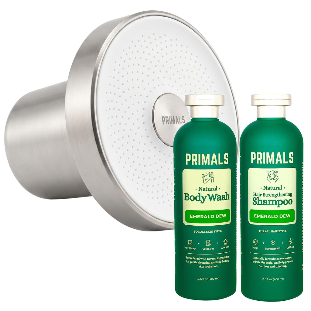 PRIMALS Paquete completo de ducha limpia, cabezal de ducha filtrado, champú fortalecedor del cabello y gel de baño natural, elimina cloro, flúor y metales pesados, cero sulfatos, parabenos o fragran