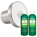 PRIMALS Paquete completo de ducha limpia, cabezal de ducha filtrado, champú fortalecedor del cabello y gel de baño natural, elimina cloro, flúor y metales pesados, cero sulfatos, parabenos o fragran