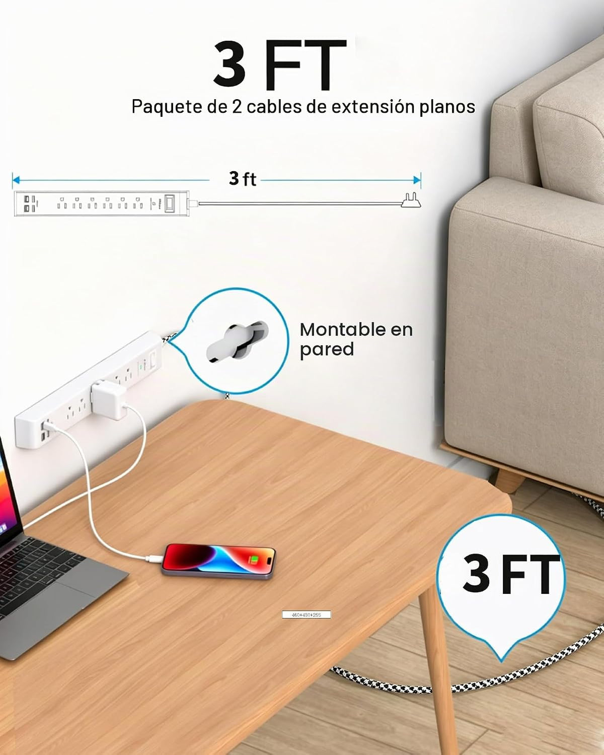 Mifaso Paquete de 2 regletas de alimentación, cable de extensión de enchufe