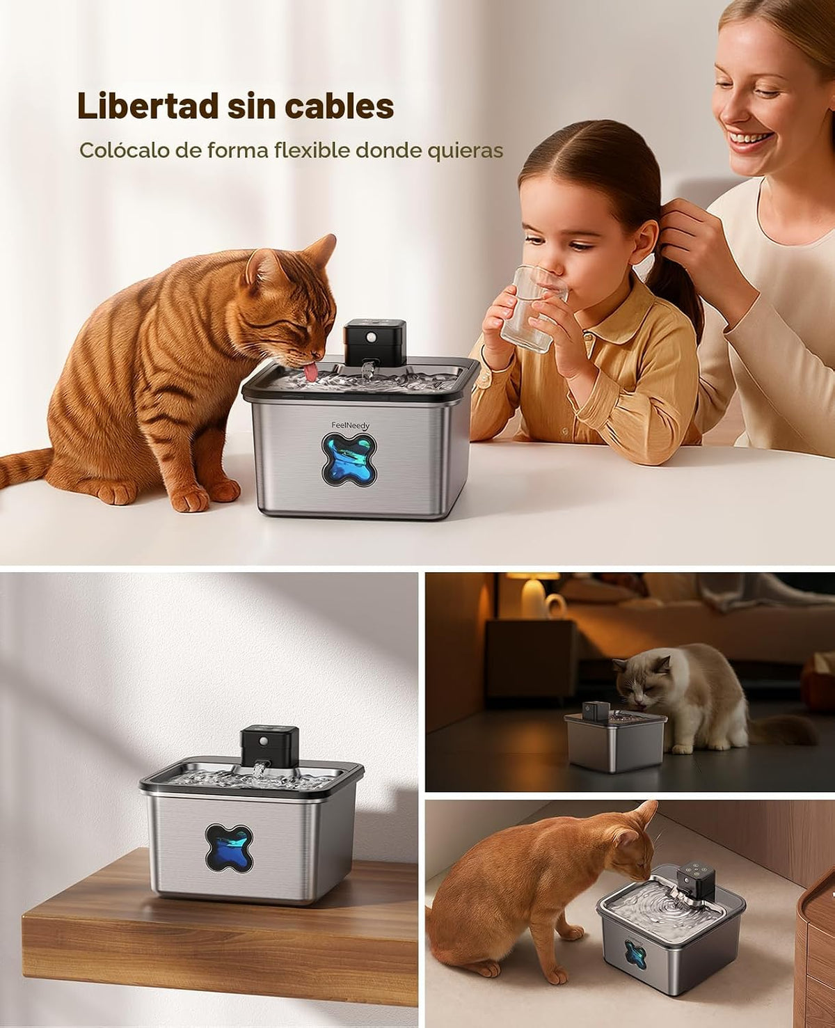 Fuente de agua inalámbrica para gatos: [filtro visual] y acero inoxidable de alta resistencia, 3.2L/108 onzas, FEELNEEDY- Diseño premium, duradero, fuente para mascotas con sensor de batería de 4000