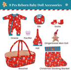 BABESIDE Juego de 8 piezas de ropa de muñeca de bebé Reborn de Navidad con moisés para muñecas de 17 a 22 pulgadas, accesorios de Navidad con manta de calcetín de Navidad, regalo ideal para niños a partir de 3 años