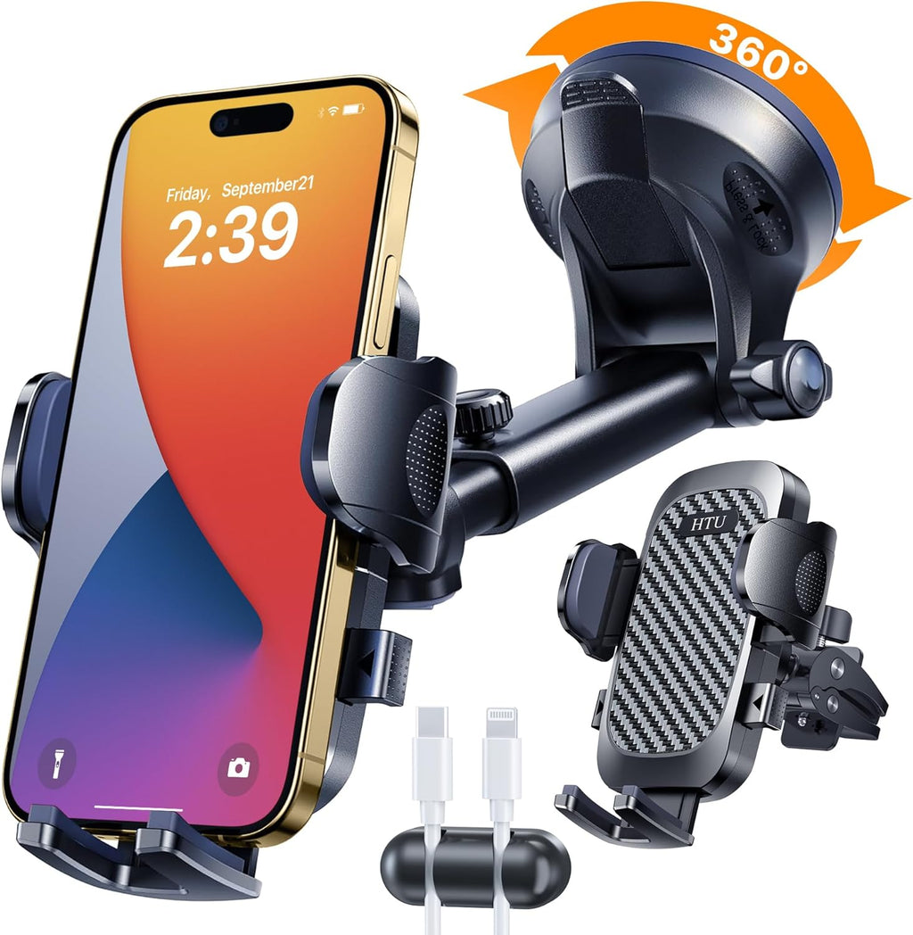 2026 Ultimate Best【Grado militar real y certificación de seguridad】Soporte de teléfono para automóvil HTU【Rotación 360° mejorada y succión más fuerte de 100LBS】Soporte 5 en 1 para parabrisas, tablero y ventilación de camión para iPhone y Android, Negro