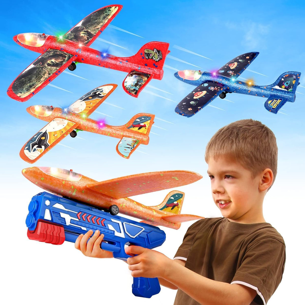 Paquete de 3 lanzadores de aviones de espuma de 12.6 pulgadas con 3 calcomanías de bricolaje, avión LED planeador, juguetes para niños y niñas de 4, 5, 6, 7, 8, 9, 10, 11, 12 años