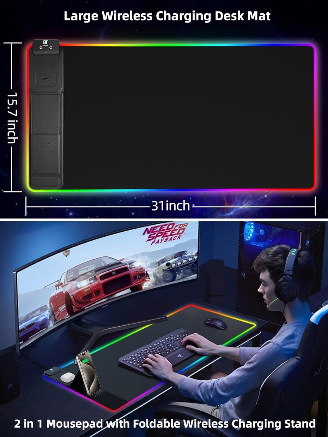 Alfombrilla de mouse XXL con soporte para teléfono, negro, alfombrilla de escritorio RGB con carga rápida de 15 W, alfombrilla de mouse LED para juegos con 11 colores de luz, almohadilla antideslizante impermeable para oficina y hogar (negro con adaptador