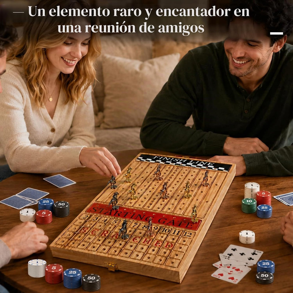 Juego de mesa de carreras de caballos de lujo, plegable con 2 cartas, 2 dados, 11 caballos de metal y 100 fichas, diseño plegable para todas las piezas, regalo para noches de juego de