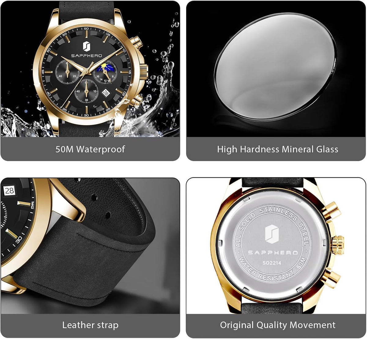 SAPPHERO Relojes cronógrafos para hombre, reloj analógico de acero inoxidable casual original para negocios, 50M, impermeable, luminoso, con esfera de fecha, regalo para hombre