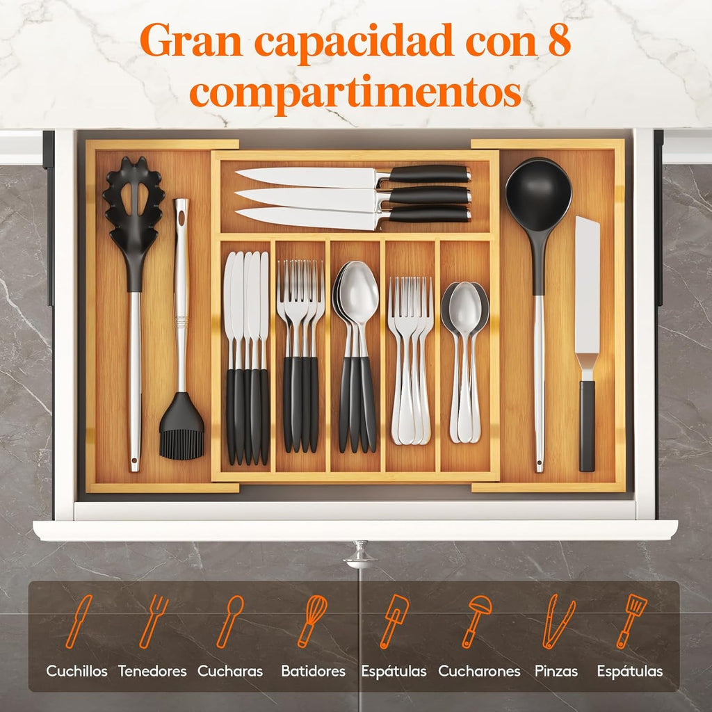 Lifewit - Organizador de cajones de cocina de bambú, bandeja para