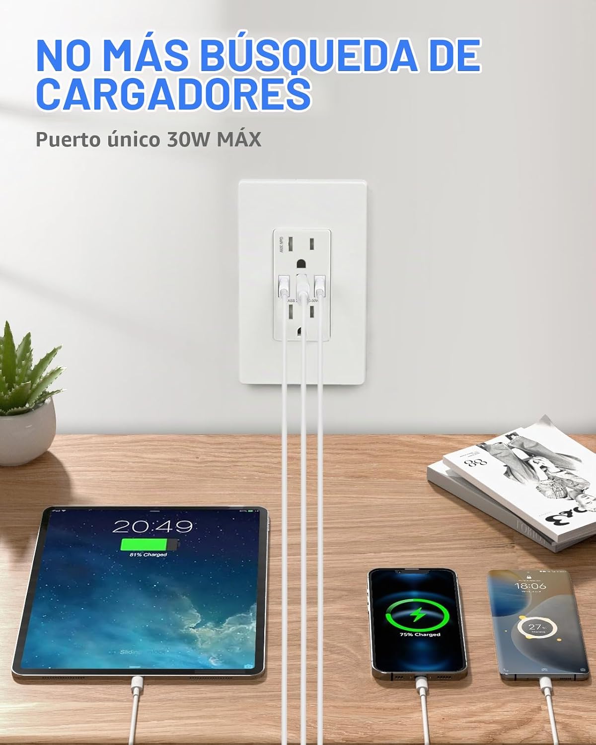 Enchufe de pared USB PD3.0 de 30W, receptáculo resistente a manipulaciones de 15 amperios con 2 puertos USB tipo C y 1 puerto USB tipo A, cargador USB para iPhone/iPad/Samsung/LG/MacBook
