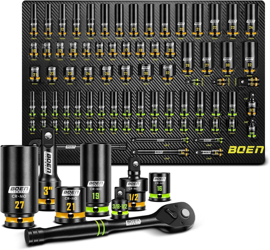 BOEN Pro 80 piezas 1/2" y 3/8" Drive Master Juego de llaves de impacto de 6 puntos métricos profundos y poco profundos (0.315-1.260 in), Cr-Mo, incluye llave de mango de 90 dientes de 1/2 pulgada para aplicaciones de alto par