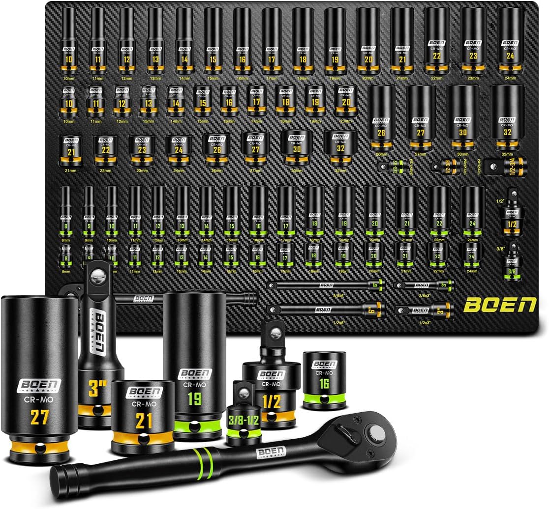 BOEN Pro 80 piezas 1/2" y 3/8" Drive Master Juego de llaves de impacto de 6 puntos métricos profundos y poco profundos (0.315-1.260 in), Cr-Mo, incluye llave de mango de 90 dientes de 1/2 pulgada para aplicaciones de alto par