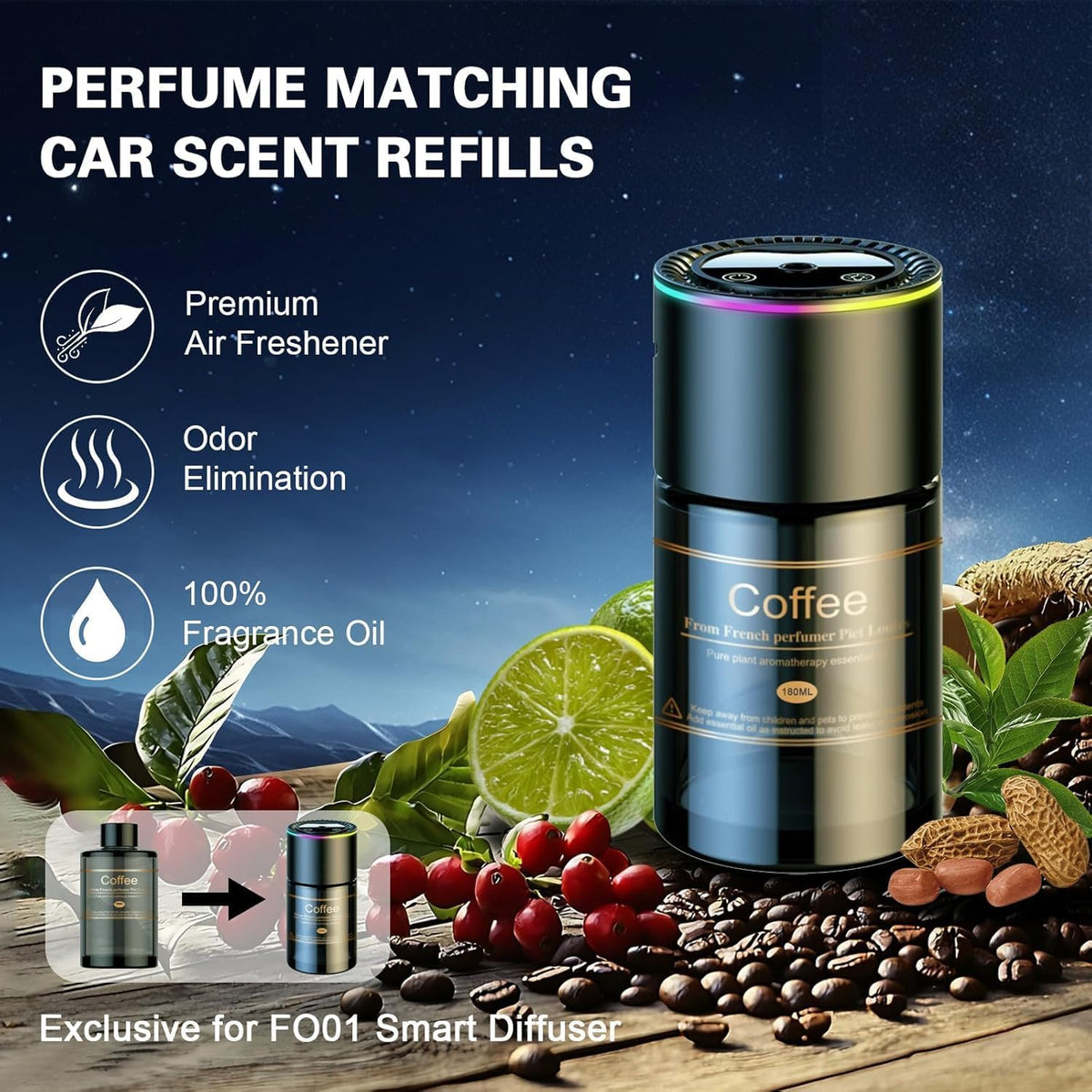 Difusor inteligente de ambientador para automóvil, difusor de aceite esencial de larga duración de 270 días para automóvil con sensor de encendido/apagado automático