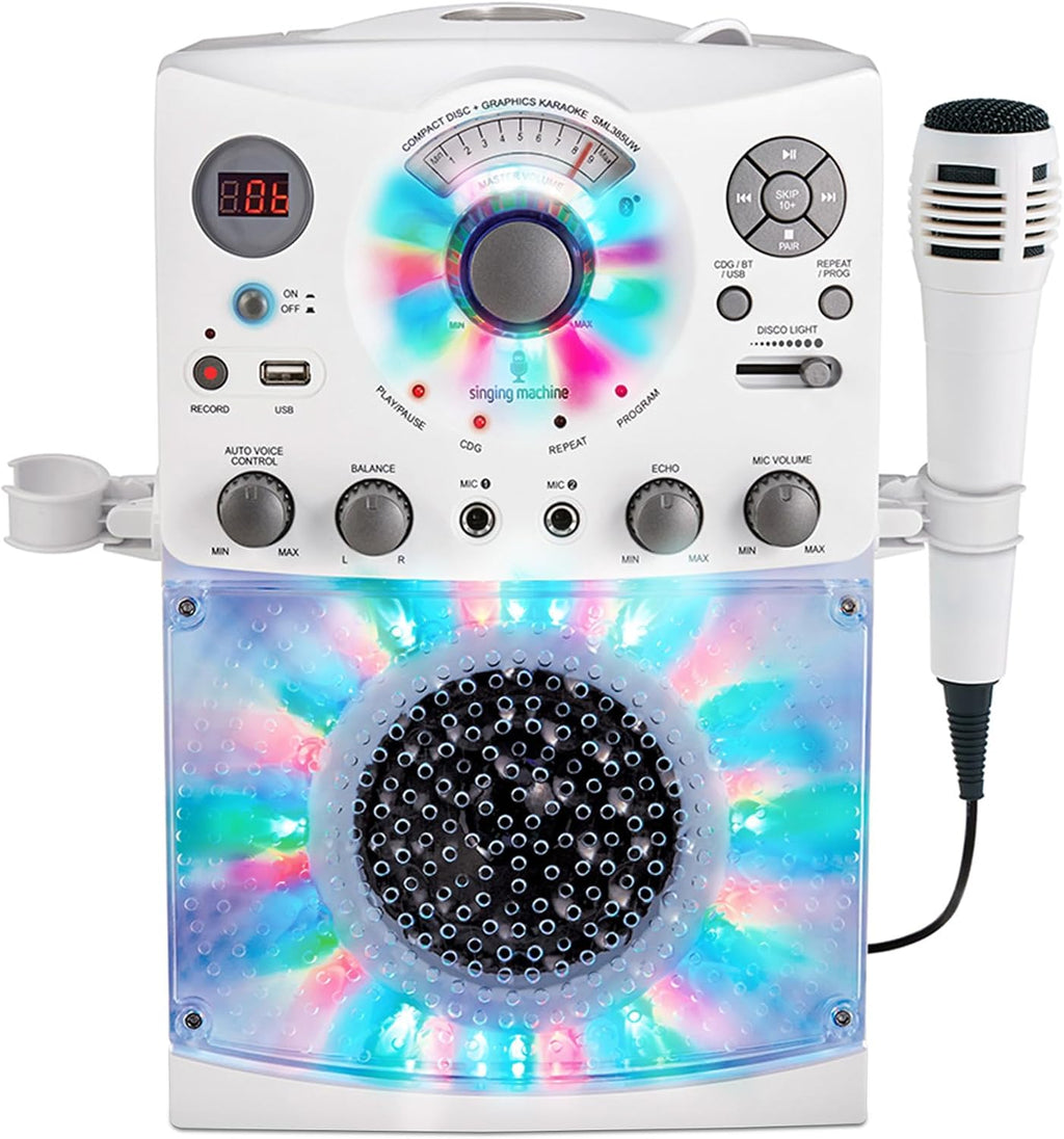 Sistema de karaoke con Bluetooth parte superior para carga de CDG, espectáculo de discoteca sonido y luces (negro) SML385BTBK Singing Machine, Blanco, M