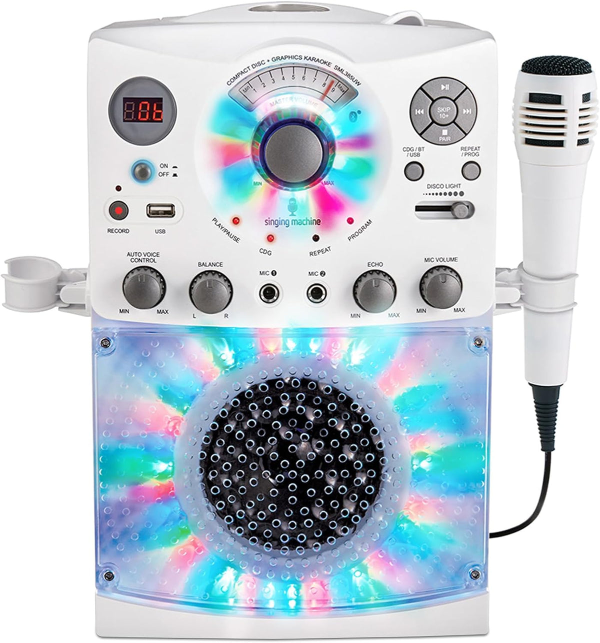 Sistema de karaoke con Bluetooth parte superior para carga de CDG, espectáculo de discoteca sonido y luces (negro) SML385BTBK Singing Machine, Blanco, M