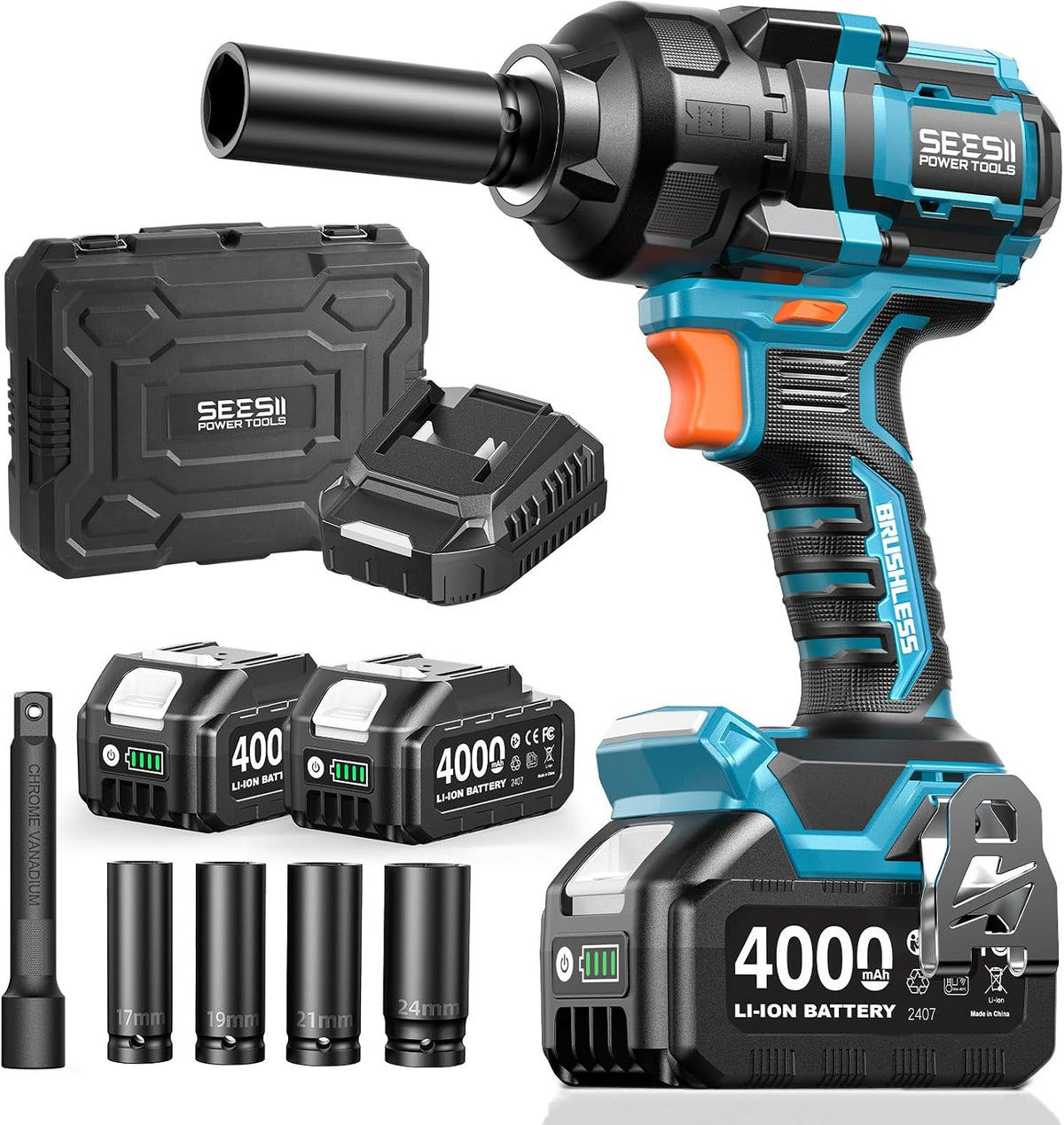 Seesii Llave de impacto de 886 pies (1200 N.m), pistola de impacto de 1/2 de alto par con batería de 21 V, 2 x 4.0 Ah, destornillador de impacto eléctrico, 2900 IPM, 5 enchufes
