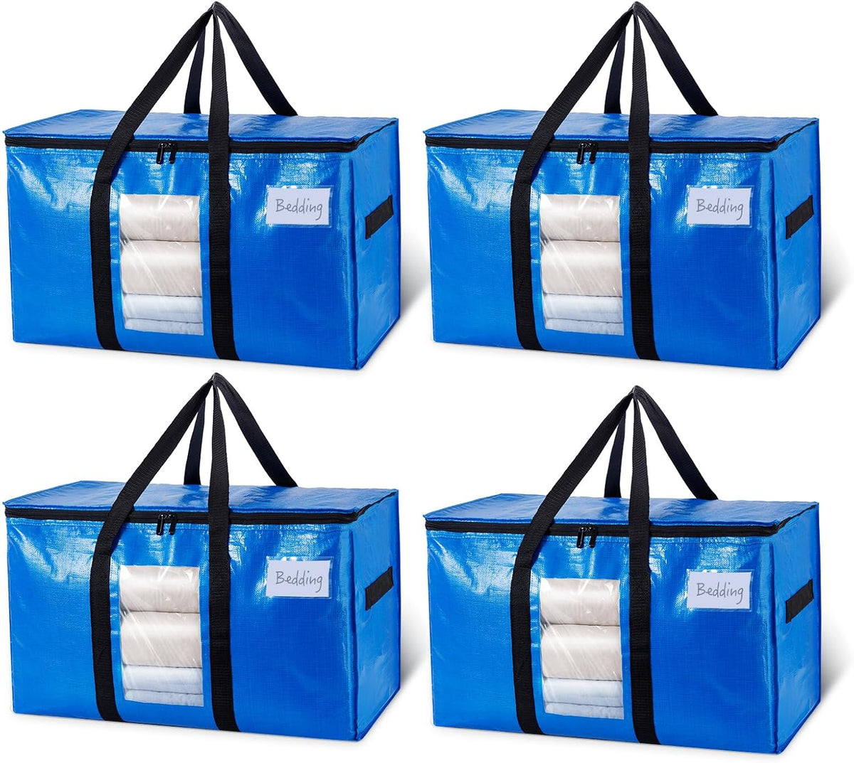 TAILI - Bolsas de mudanza extra grandes, paquete de 4 bolsas azules resistentes para almacenamiento con ventana visible, asas envolventes, almacenamiento y ahorro de espacio