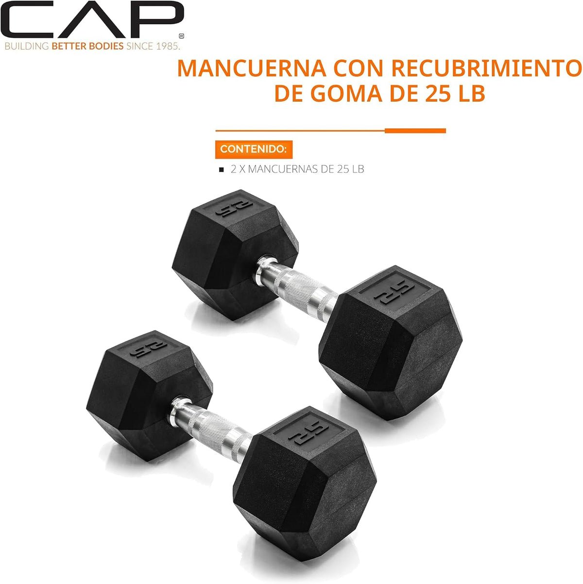 CAP Mancuernas con revestimiento de goma, pesas libres para entrenamiento de fuerza en el gimnasio en casa, mancuernas hexagonales antideslizantes con asas negras, cromadas y de agarre cómodo, pares y