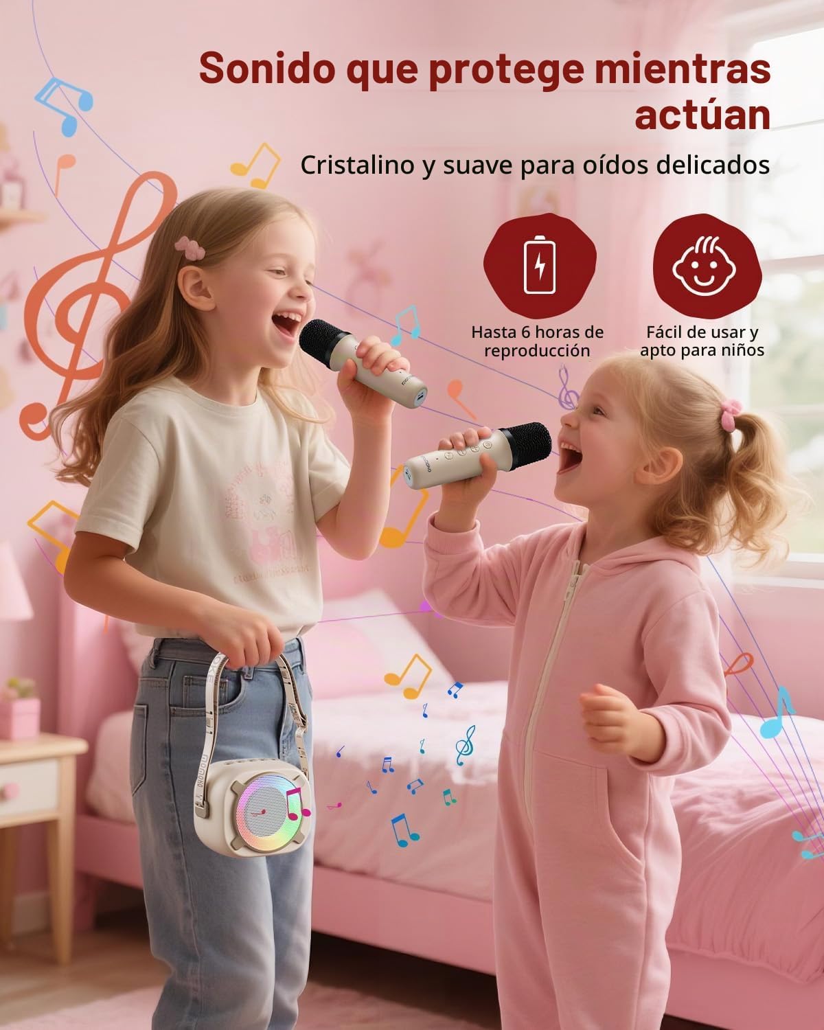 Mini máquina de karaoke con altavoz Bluetooth portátil con 2 micrófonos inalámbricos y luces de fiesta para niñas y niños, regalos de cumpleaños para fiestas familiares (vainilla)