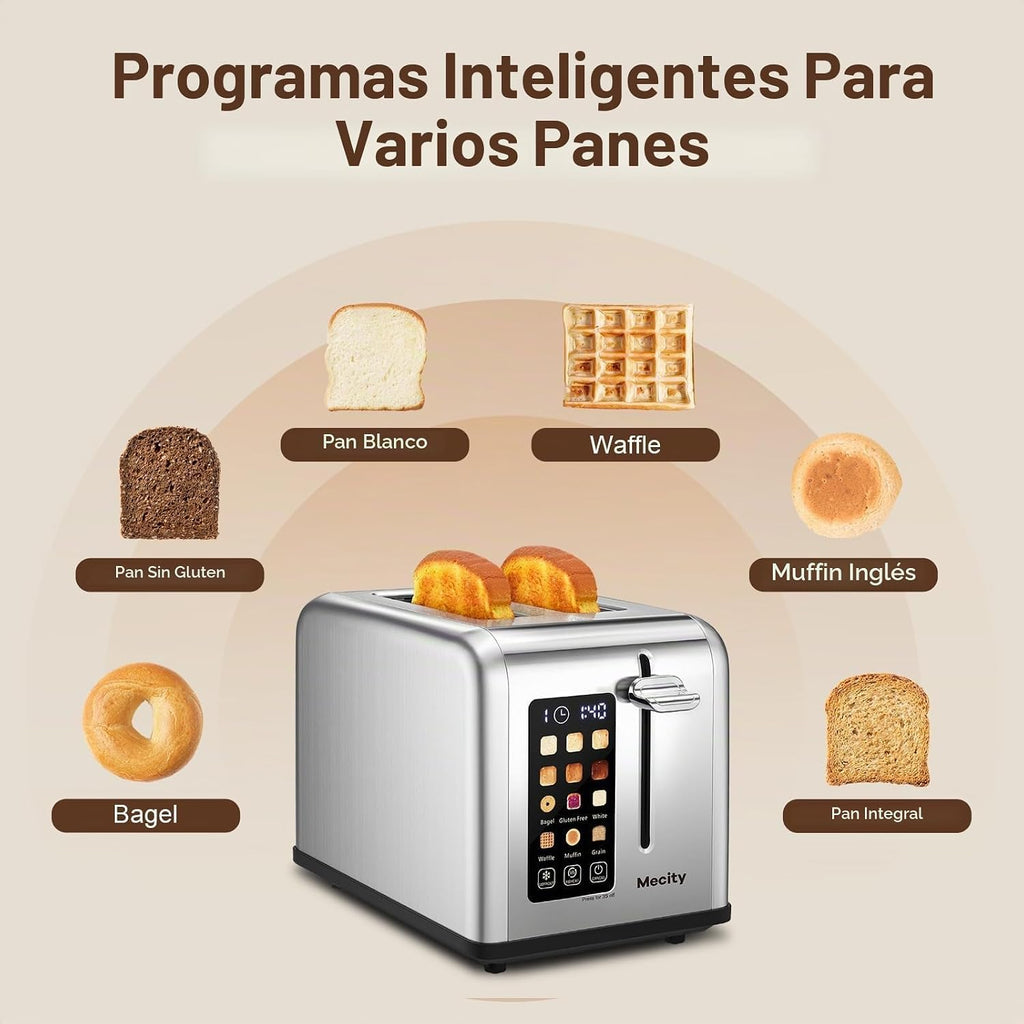 Mecity Tostadora de 2 Rebanadas con Pantalla Táctil, Ranura Ancha de 1.5", Tostadora de Pan Inteligente de Acero Inoxidable para Bagel, Muffin, Waffle, Panes Sin Gluten, Temporizador, Descongelación