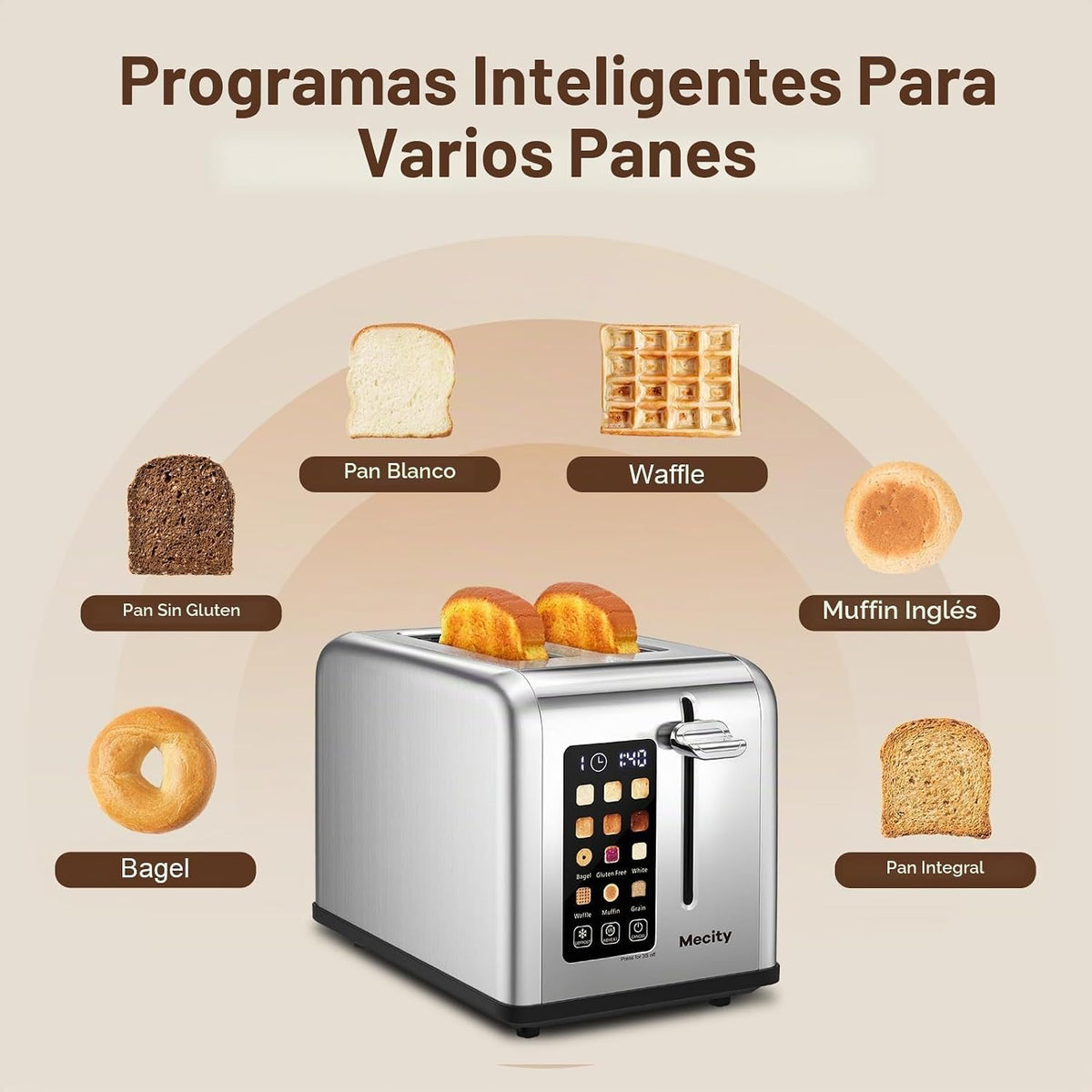 Mecity Tostadora de 2 Rebanadas con Pantalla Táctil, Ranura Ancha de 1.5", Tostadora de Pan Inteligente de Acero Inoxidable para Bagel, Muffin, Waffle, Panes Sin Gluten, Temporizador, Descongelación