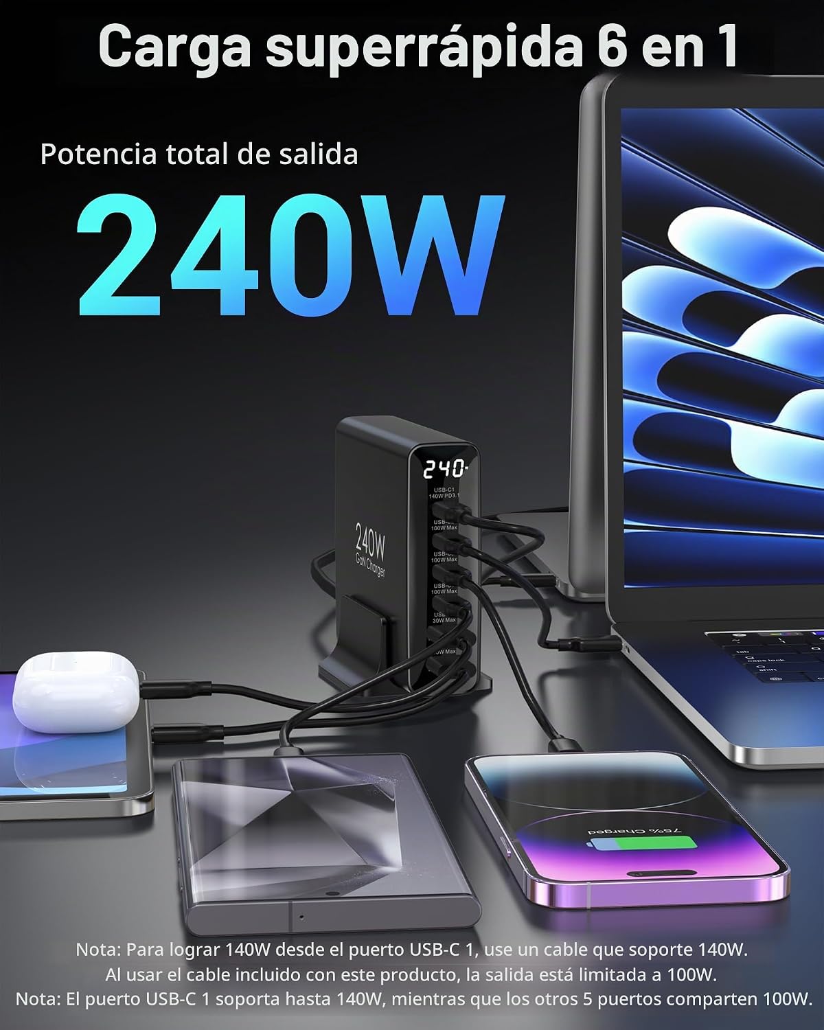 TOPADRE Cargador USB C de 240 W con pantalla, estación de carga de 6