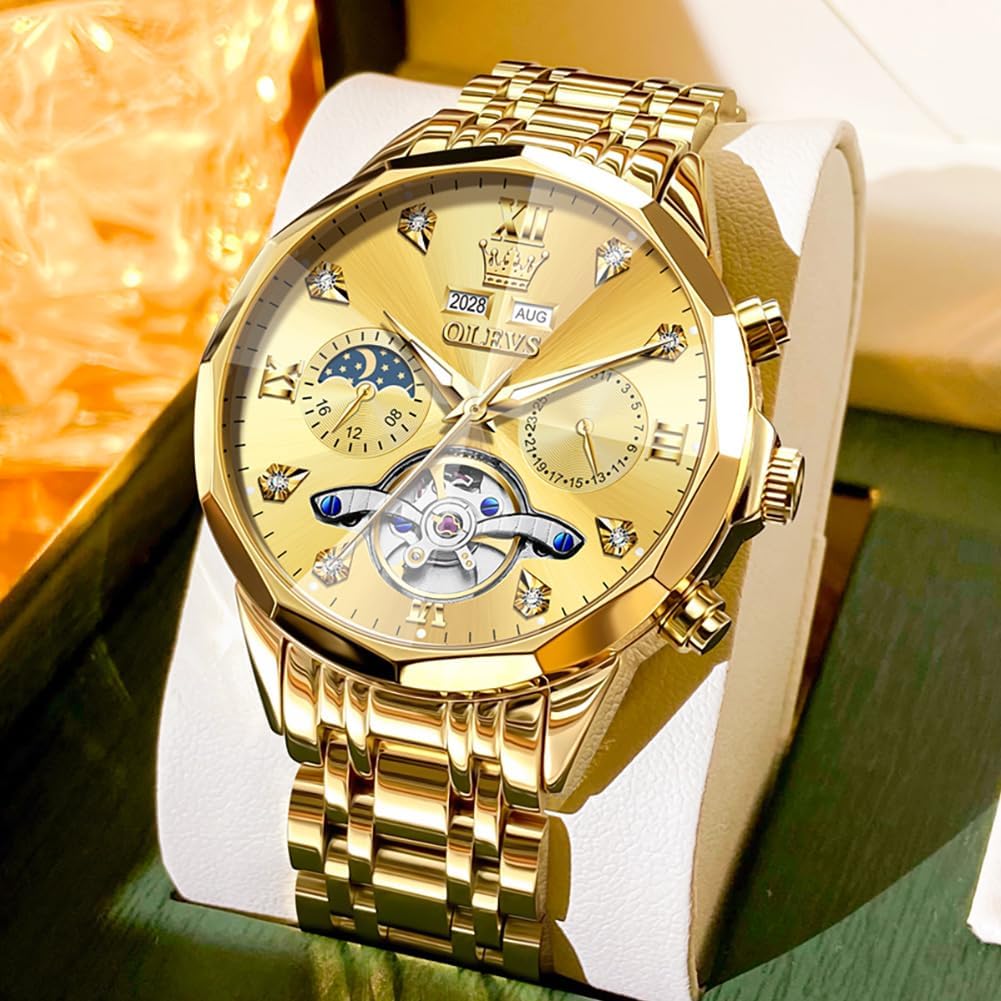 OLEVS Relojes de Hombre Esqueleto Automático Lujo de Negocios Diamante Autoentregado (Self Winding) Reloj de Pulsera de Acero Inoxidable con Calendario